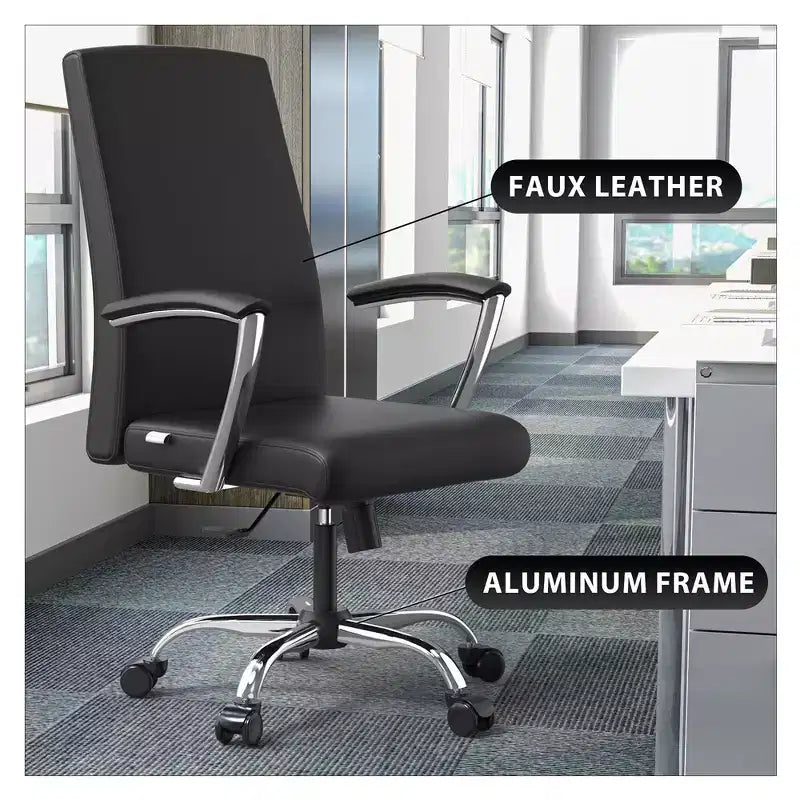 LeisureMod Evander Adjustable High-Back Office Chair Leather Upholstery with Swivel, Tilt, and Chrome Base, Ergonomic Desk Chair for Home Office