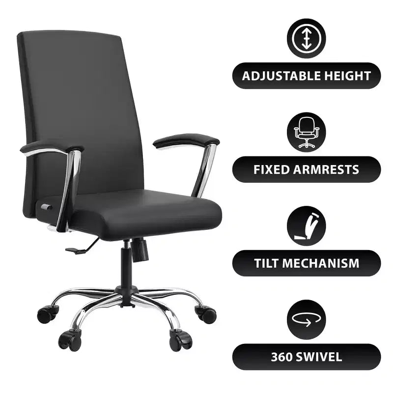 LeisureMod Evander Adjustable High-Back Office Chair Leather Upholstery with Swivel, Tilt, and Chrome Base, Ergonomic Desk Chair for Home Office