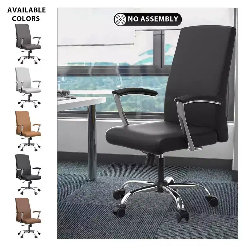 LeisureMod Evander Adjustable High-Back Office Chair Leather Upholstery with Swivel, Tilt, and Chrome Base, Ergonomic Desk Chair for Home Office