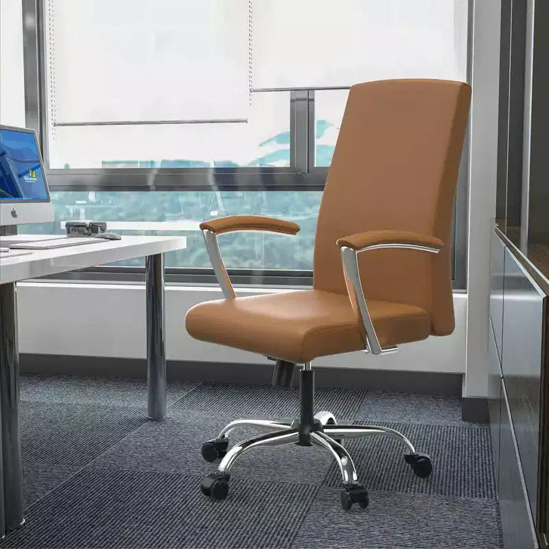 LeisureMod Evander Adjustable High-Back Office Chair Leather Upholstery with Swivel, Tilt, and Chrome Base, Ergonomic Desk Chair for Home Office