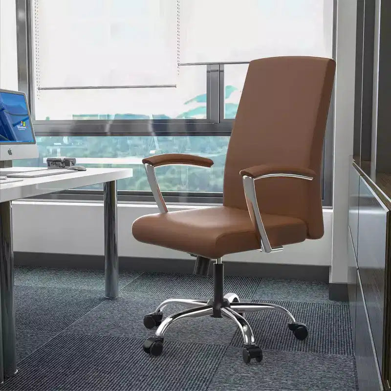 LeisureMod Evander Adjustable High-Back Office Chair Leather Upholstery with Swivel, Tilt, and Chrome Base, Ergonomic Desk Chair for Home Office