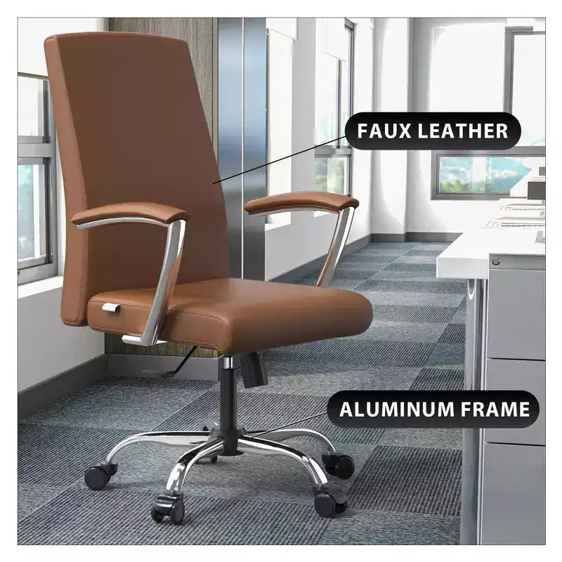 LeisureMod Evander Adjustable High-Back Office Chair Leather Upholstery with Swivel, Tilt, and Chrome Base, Ergonomic Desk Chair for Home Office