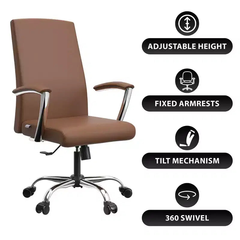 LeisureMod Evander Adjustable High-Back Office Chair Leather Upholstery with Swivel, Tilt, and Chrome Base, Ergonomic Desk Chair for Home Office