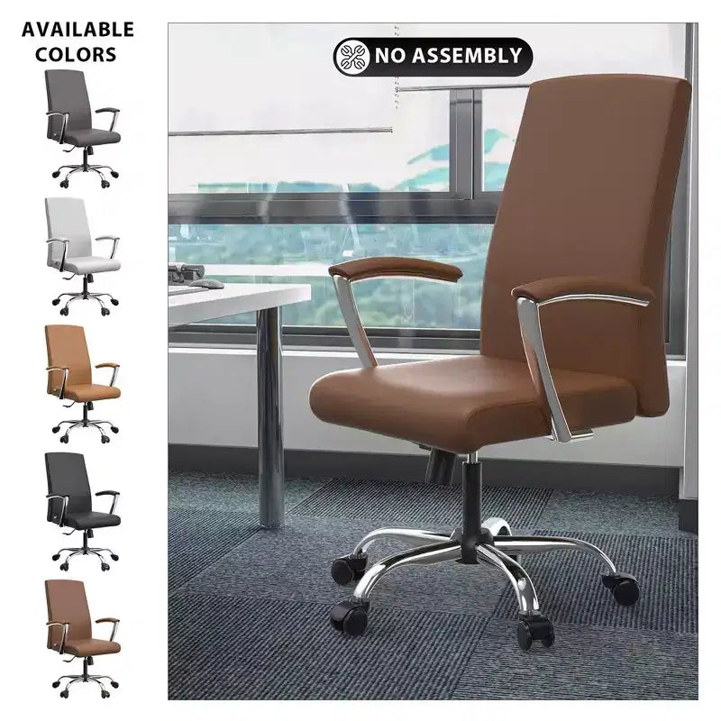 LeisureMod Evander Adjustable High-Back Office Chair Leather Upholstery with Swivel, Tilt, and Chrome Base, Ergonomic Desk Chair for Home Office