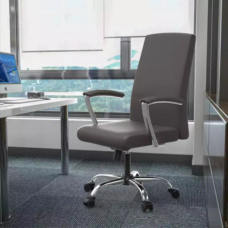 LeisureMod Evander Adjustable High-Back Office Chair Leather Upholstery with Swivel, Tilt, and Chrome Base, Ergonomic Desk Chair for Home Office