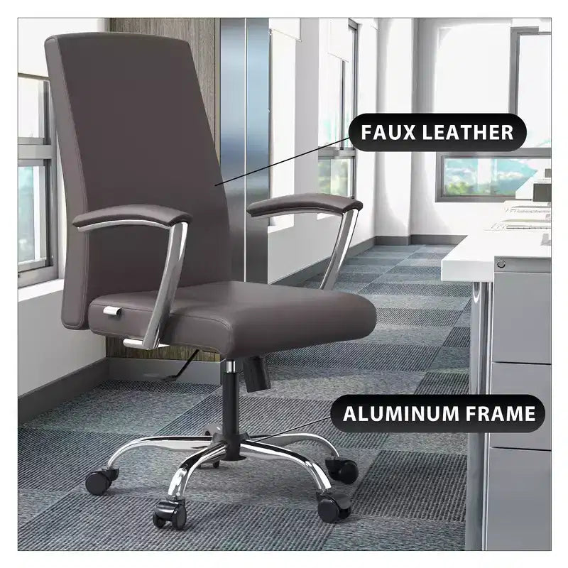 LeisureMod Evander Adjustable High-Back Office Chair Leather Upholstery with Swivel, Tilt, and Chrome Base, Ergonomic Desk Chair for Home Office