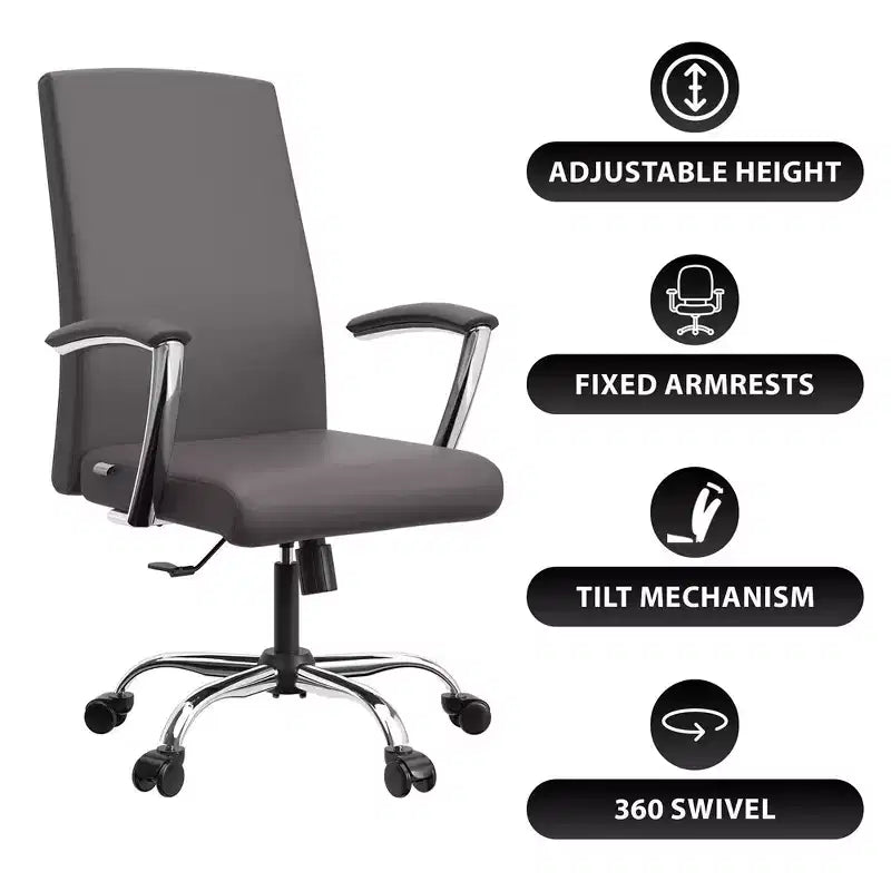 LeisureMod Evander Adjustable High-Back Office Chair Leather Upholstery with Swivel, Tilt, and Chrome Base, Ergonomic Desk Chair for Home Office