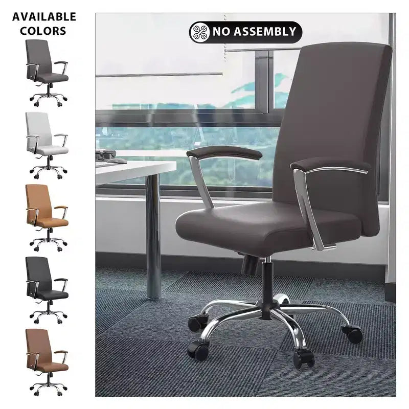 LeisureMod Evander Adjustable High-Back Office Chair Leather Upholstery with Swivel, Tilt, and Chrome Base, Ergonomic Desk Chair for Home Office