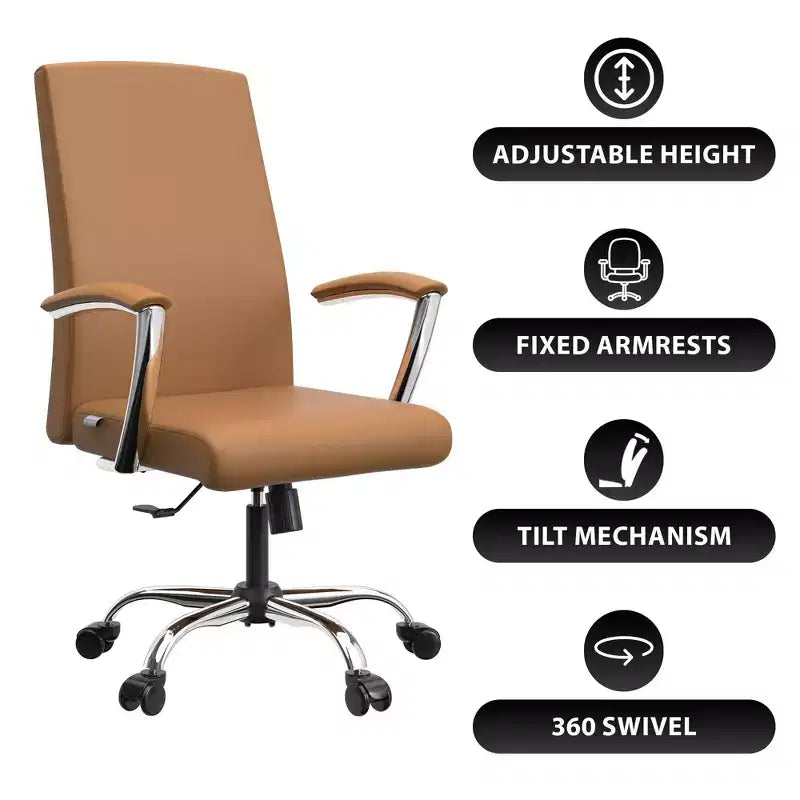 LeisureMod Evander Adjustable High-Back Office Chair Leather Upholstery with Swivel, Tilt, and Chrome Base, Ergonomic Desk Chair for Home Office