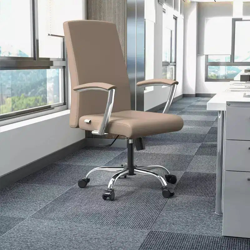 LeisureMod Evander Adjustable High-Back Office Chair Leather Upholstery with Swivel, Tilt, and Chrome Base, Ergonomic Desk Chair for Home Office