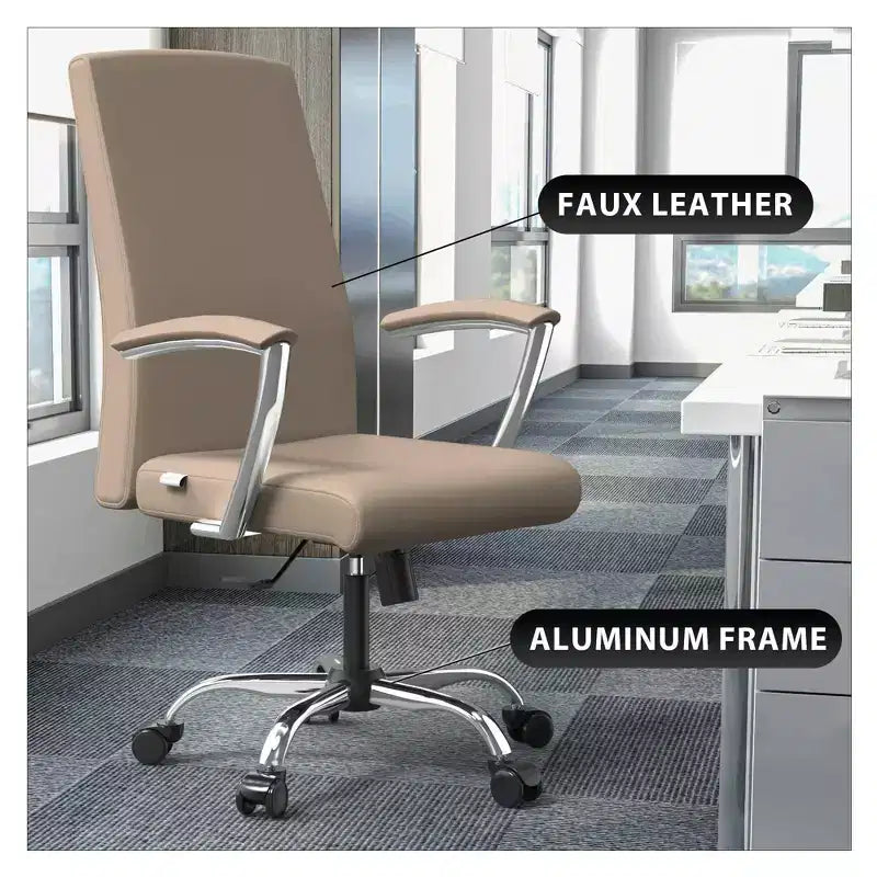 LeisureMod Evander Adjustable High-Back Office Chair Leather Upholstery with Swivel, Tilt, and Chrome Base, Ergonomic Desk Chair for Home Office