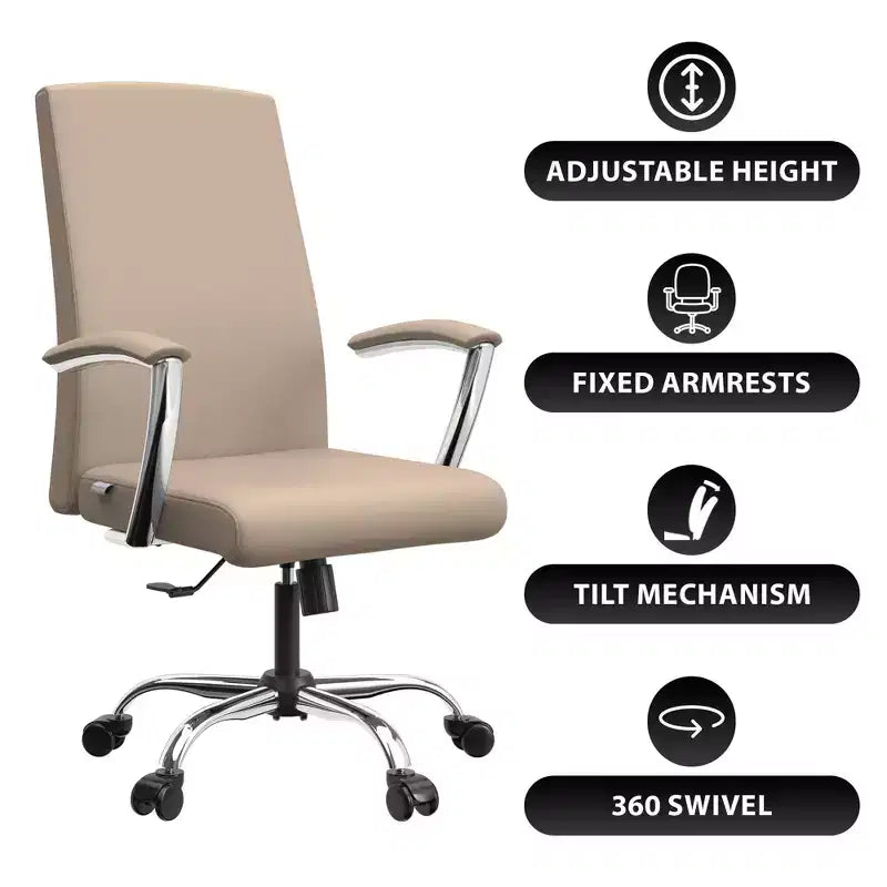 LeisureMod Evander Adjustable High-Back Office Chair Leather Upholstery with Swivel, Tilt, and Chrome Base, Ergonomic Desk Chair for Home Office