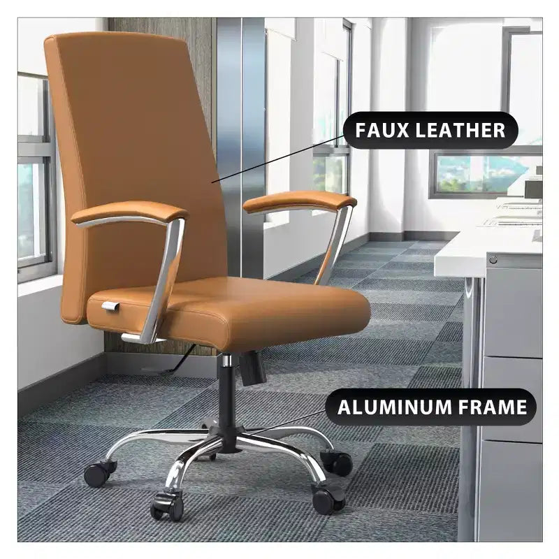 LeisureMod Evander Adjustable High-Back Office Chair Leather Upholstery with Swivel, Tilt, and Chrome Base, Ergonomic Desk Chair for Home Office