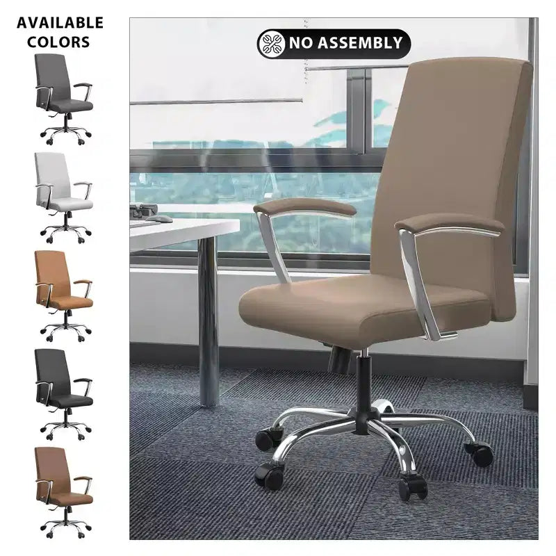 LeisureMod Evander Adjustable High-Back Office Chair Leather Upholstery with Swivel, Tilt, and Chrome Base, Ergonomic Desk Chair for Home Office