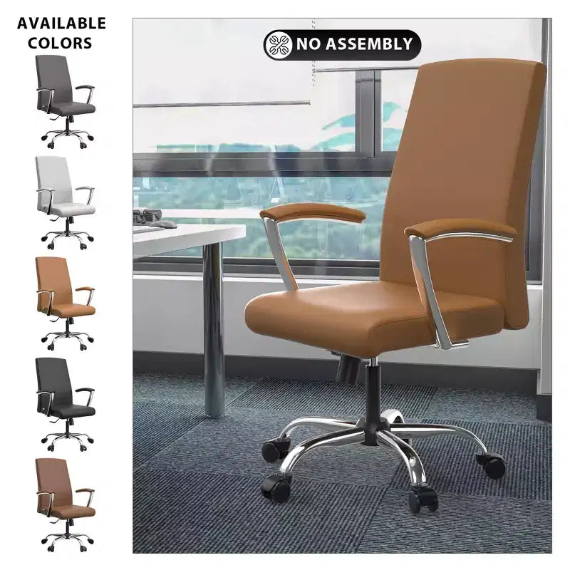LeisureMod Evander Adjustable High-Back Office Chair Leather Upholstery with Swivel, Tilt, and Chrome Base, Ergonomic Desk Chair for Home Office