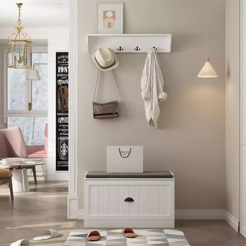 Famapy White Coat Rack Shoe Bench Set Wall Mount Hall Tree