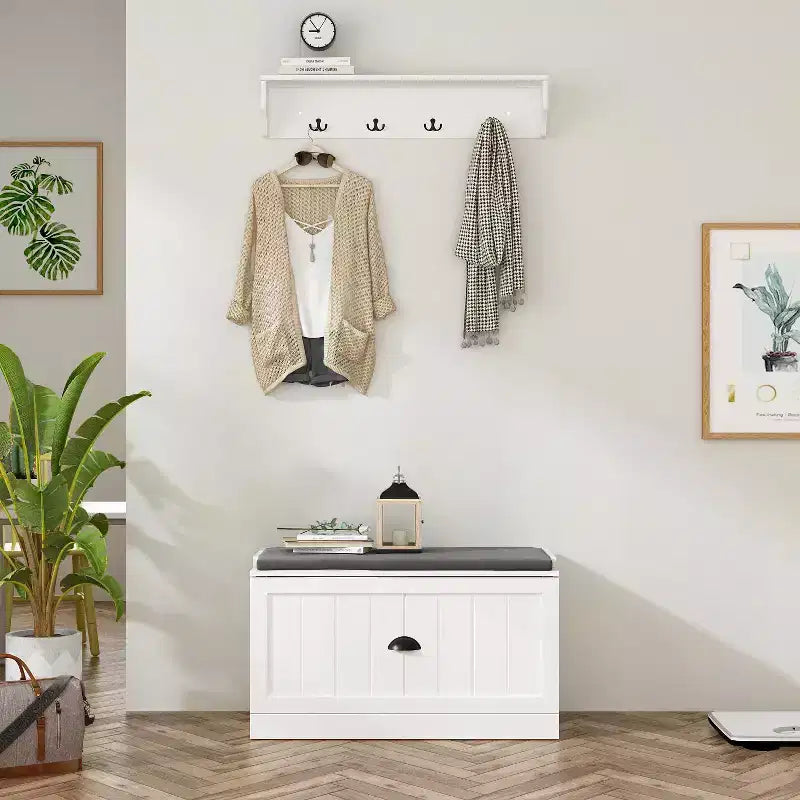 Famapy White Coat Rack Shoe Bench Set Wall Mount Hall Tree