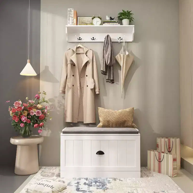 Famapy White Coat Rack Shoe Bench Set Wall Mount Hall Tree
