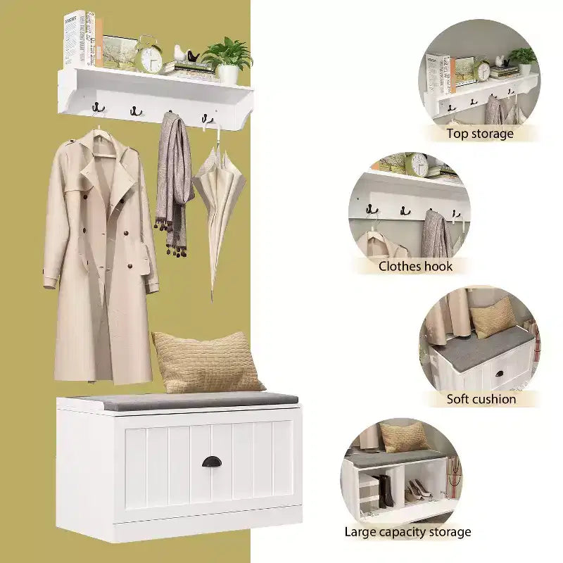 Famapy White Coat Rack Shoe Bench Set Wall Mount Hall Tree