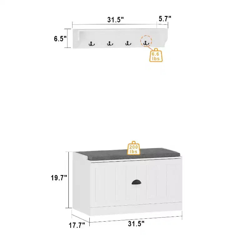 Famapy White Coat Rack Shoe Bench Set Wall Mount Hall Tree