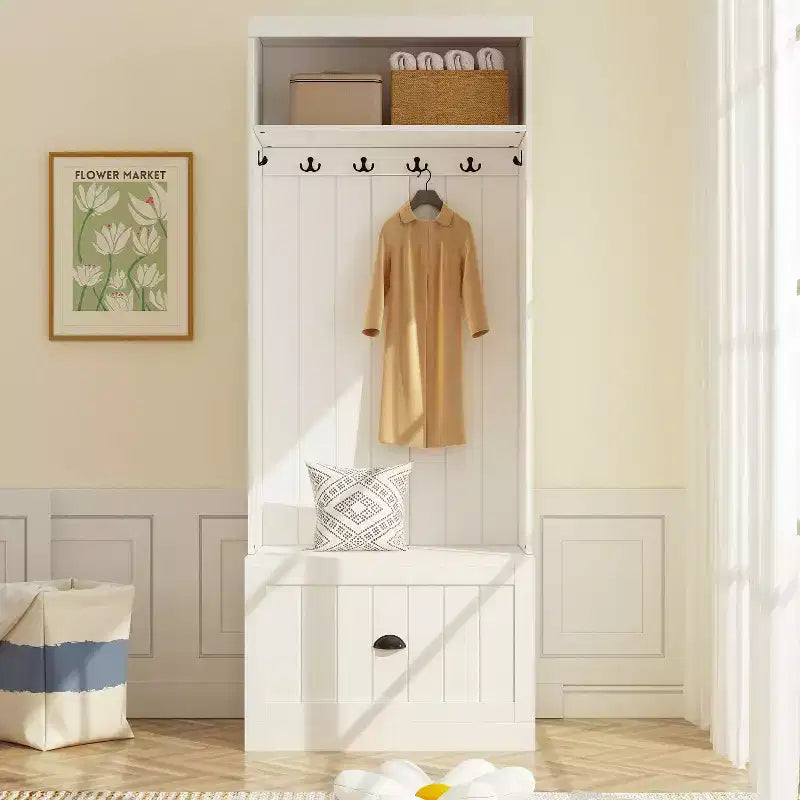 Famapy White Hall Tree Shelf Rack Shoe Storage Coat Organizer Cabinet