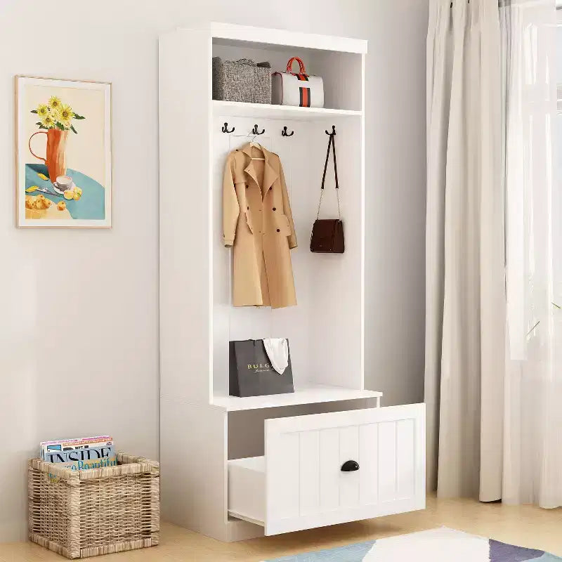 Famapy White Hall Tree Shelf Rack Shoe Storage Coat Organizer Cabinet