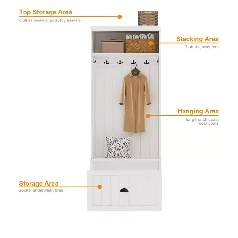 Famapy White Hall Tree Shelf Rack Shoe Storage Coat Organizer Cabinet