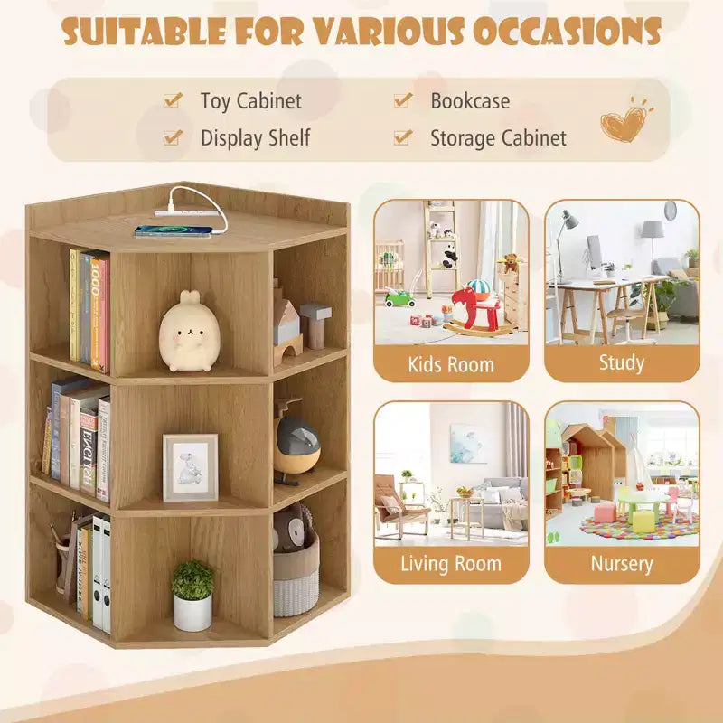 Costway 3-Tier Kids Corner Toy Storage Organizer with USB Ports and Outlets 9 Cubbies Grey/White