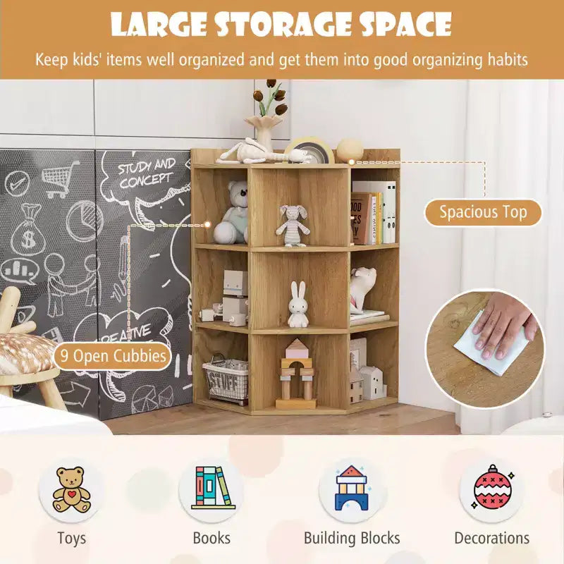 Costway 3-Tier Kids Corner Toy Storage Organizer with USB Ports and Outlets 9 Cubbies Grey/White