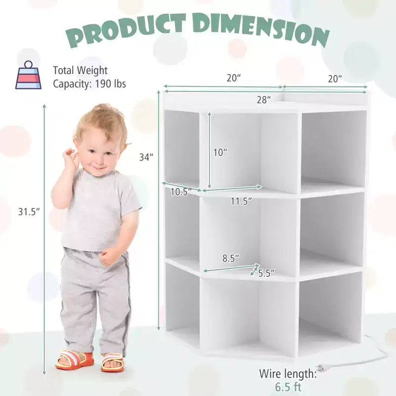 Costway 3-Tier Kids Corner Toy Storage Organizer with USB Ports and Outlets 9 Cubbies Grey/White