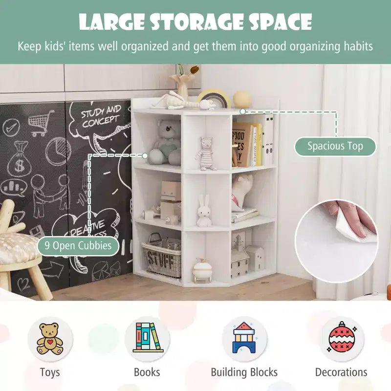 Costway 3-Tier Kids Corner Toy Storage Organizer with USB Ports and Outlets 9 Cubbies Grey/White