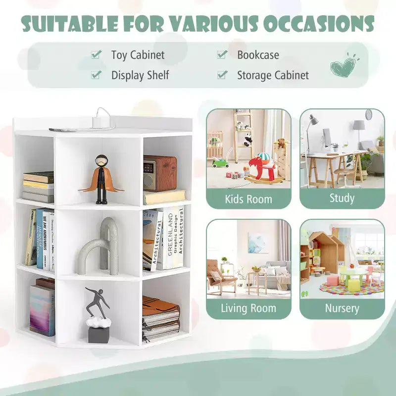 Costway 3-Tier Kids Corner Toy Storage Organizer with USB Ports and Outlets 9 Cubbies Grey/White