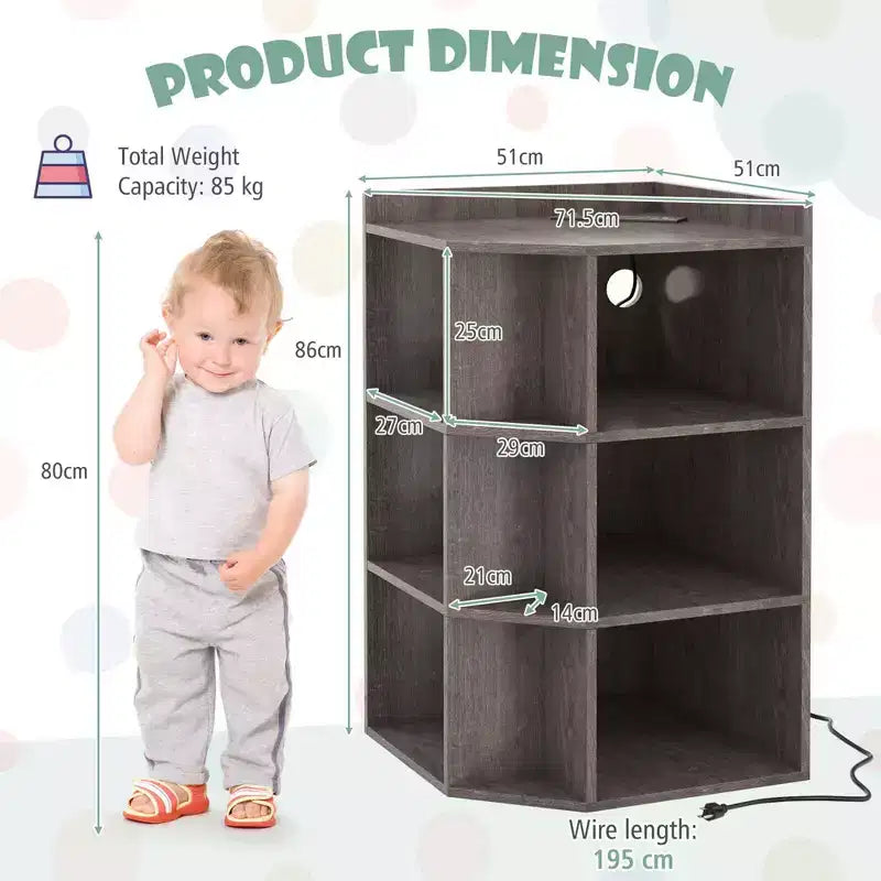 Costway 3-Tier Kids Corner Toy Storage Organizer with USB Ports and Outlets 9 Cubbies Grey/White