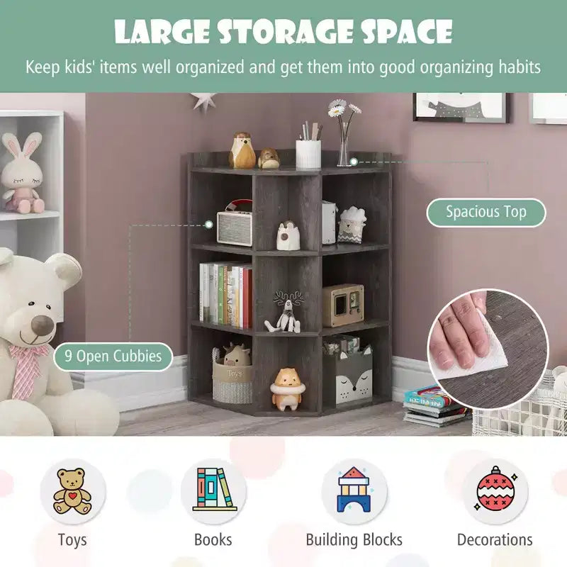 Costway 3-Tier Kids Corner Toy Storage Organizer with USB Ports and Outlets 9 Cubbies Grey/White