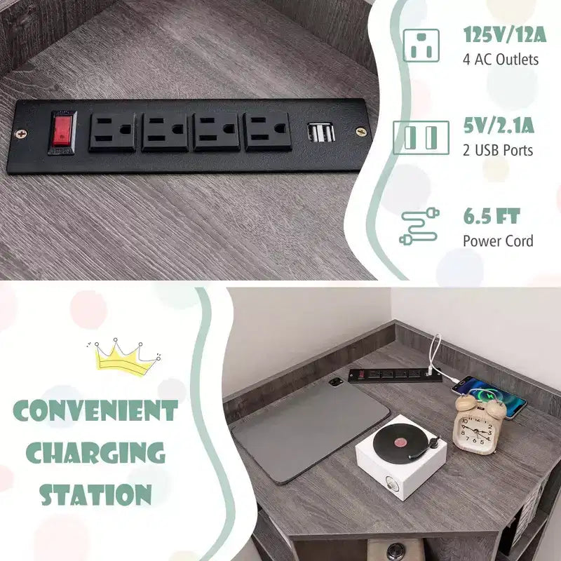 Costway 3-Tier Kids Corner Toy Storage Organizer with USB Ports and Outlets 9 Cubbies Grey/White