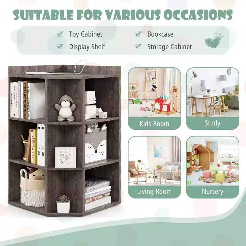 Costway 3-Tier Kids Corner Toy Storage Organizer with USB Ports and Outlets 9 Cubbies Grey/White