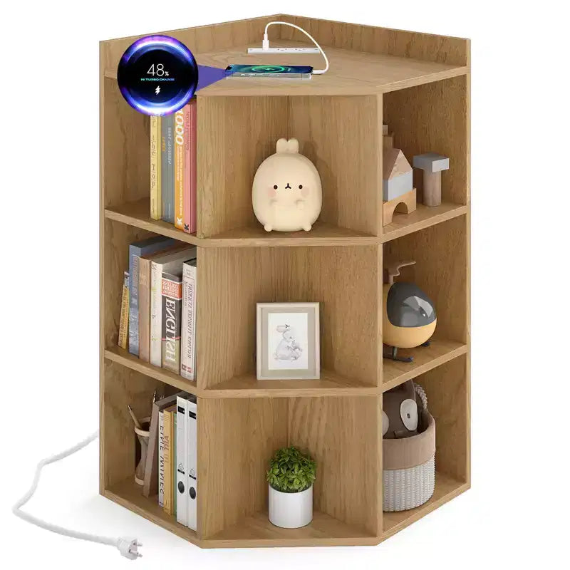 Costway 3-Tier Kids Corner Toy Storage Organizer with USB Ports and Outlets 9 Cubbies Grey/White