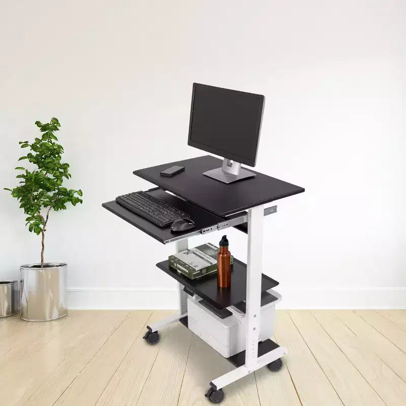 Stand Up Desk Store Mobile Rolling Adjustable Height Standing Workstation with Printer Shelf and Slideout Keyboard Tray