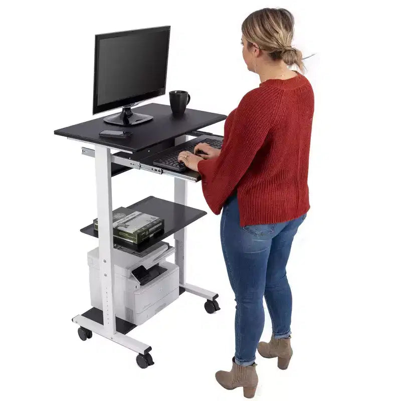 Stand Up Desk Store Mobile Rolling Adjustable Height Standing Workstation with Printer Shelf and Slideout Keyboard Tray