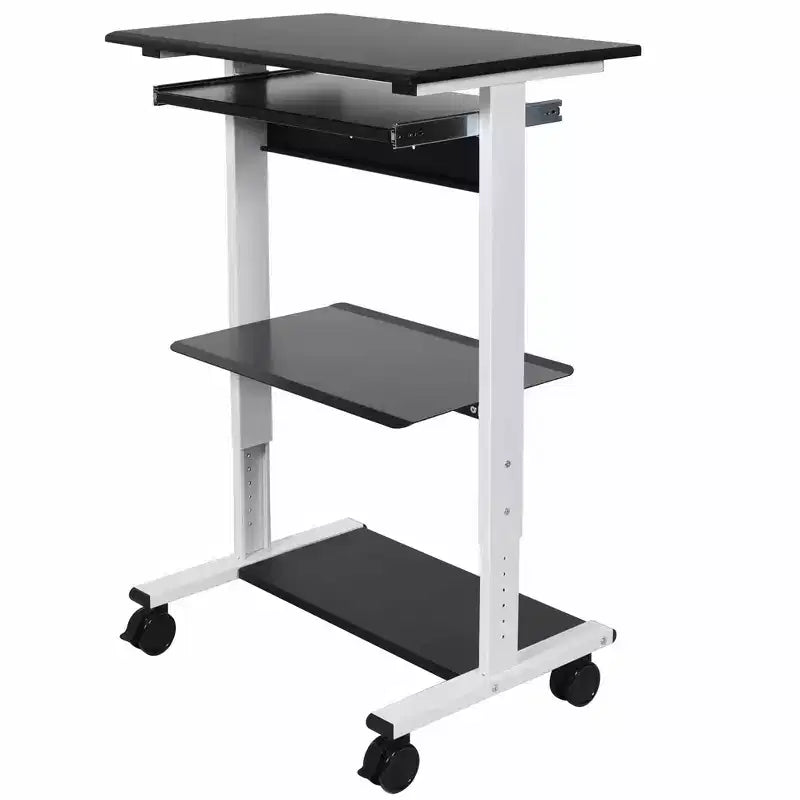 Stand Up Desk Store Mobile Rolling Adjustable Height Standing Workstation with Printer Shelf and Slideout Keyboard Tray