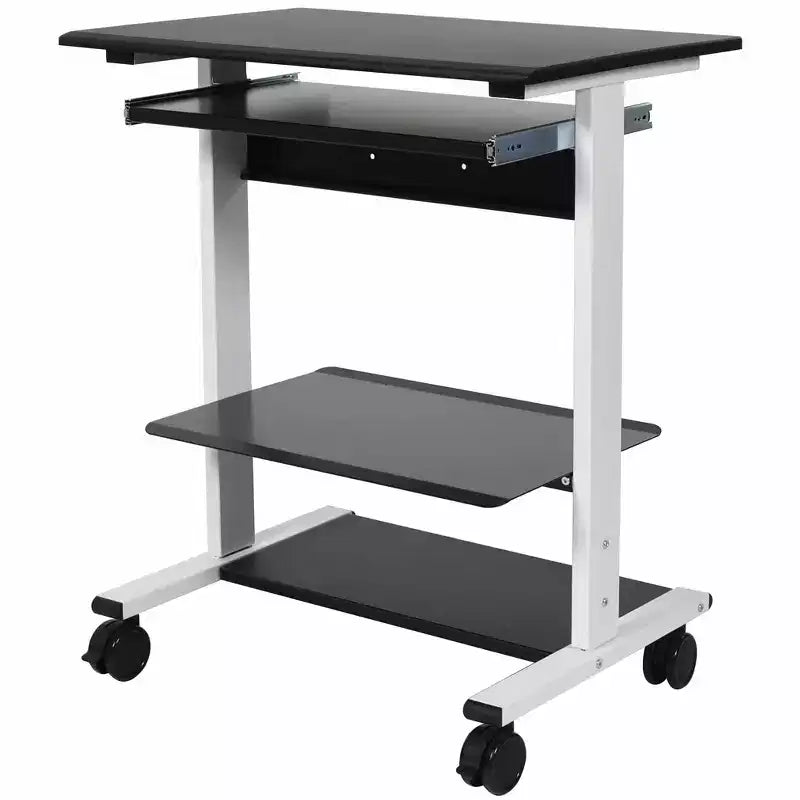 Stand Up Desk Store Mobile Rolling Adjustable Height Standing Workstation with Printer Shelf and Slideout Keyboard Tray