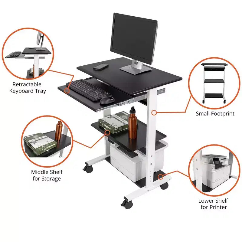 Stand Up Desk Store Mobile Rolling Adjustable Height Standing Workstation with Printer Shelf and Slideout Keyboard Tray