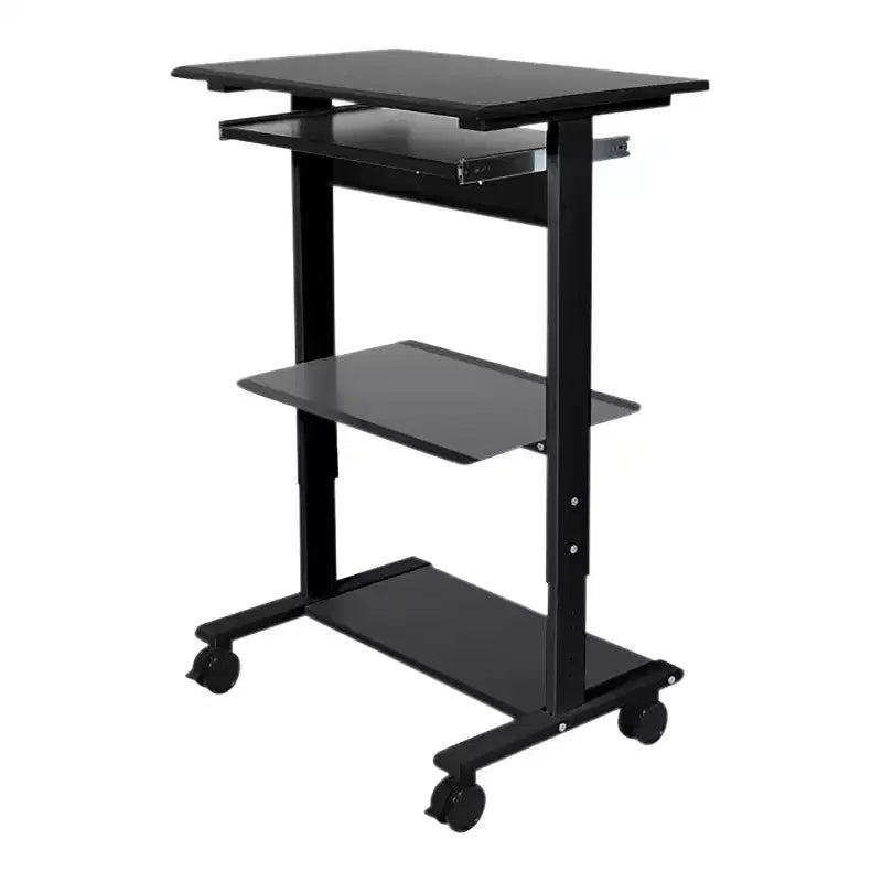 Stand Up Desk Store Mobile Rolling Adjustable Height Standing Workstation with Printer Shelf and Slideout Keyboard Tray