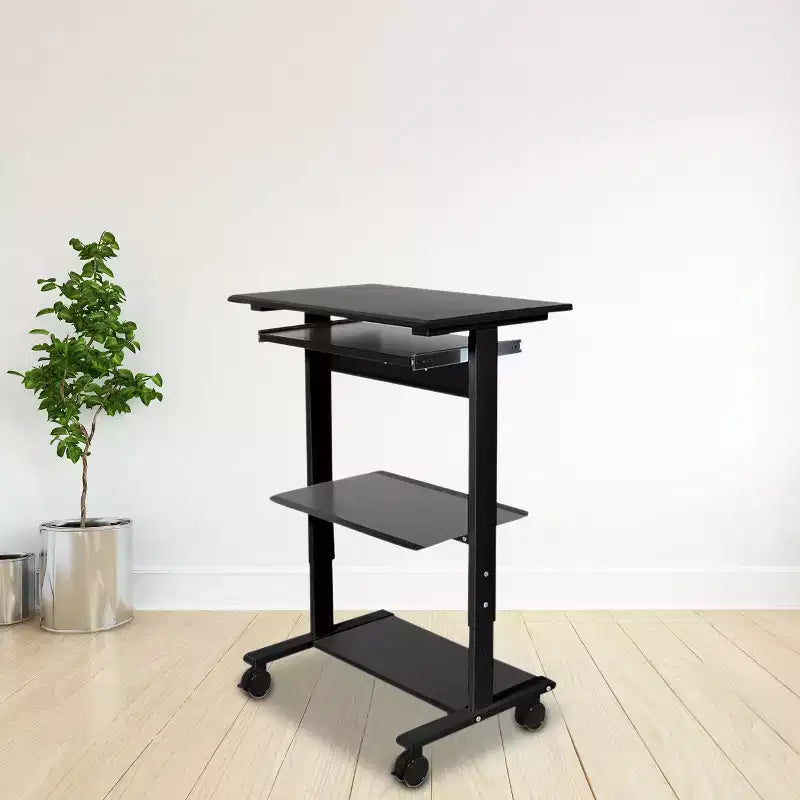 Stand Up Desk Store Mobile Rolling Adjustable Height Standing Workstation with Printer Shelf and Slideout Keyboard Tray