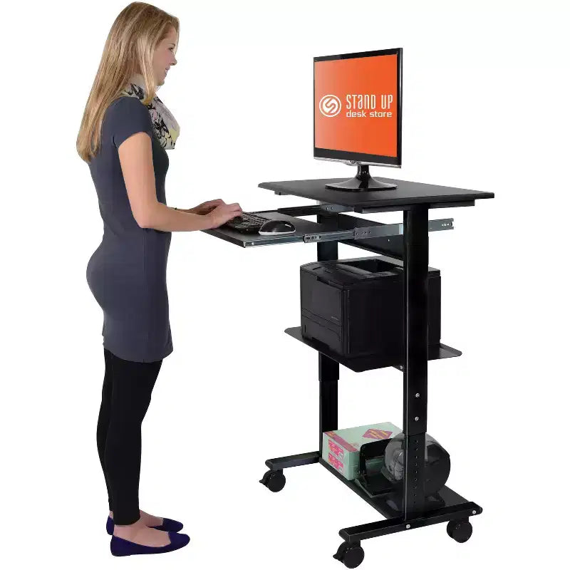 Stand Up Desk Store Mobile Rolling Adjustable Height Standing Workstation with Printer Shelf and Slideout Keyboard Tray