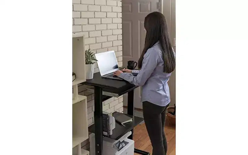 Stand Up Desk Store Mobile Rolling Adjustable Height Standing Workstation with Printer Shelf and Slideout Keyboard Tray