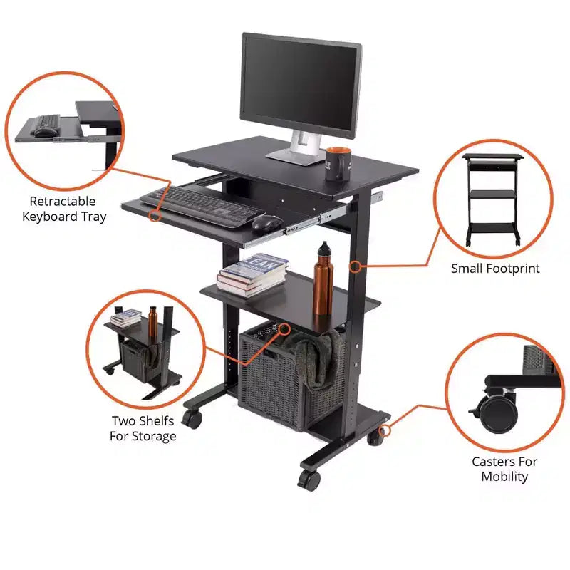 Stand Up Desk Store Mobile Rolling Adjustable Height Standing Workstation with Printer Shelf and Slideout Keyboard Tray