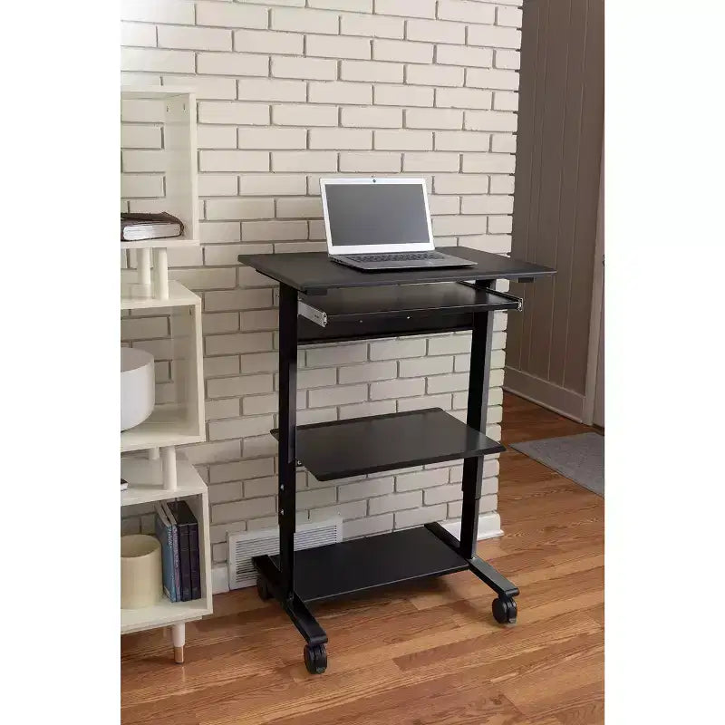 Stand Up Desk Store Mobile Rolling Adjustable Height Standing Workstation with Printer Shelf and Slideout Keyboard Tray
