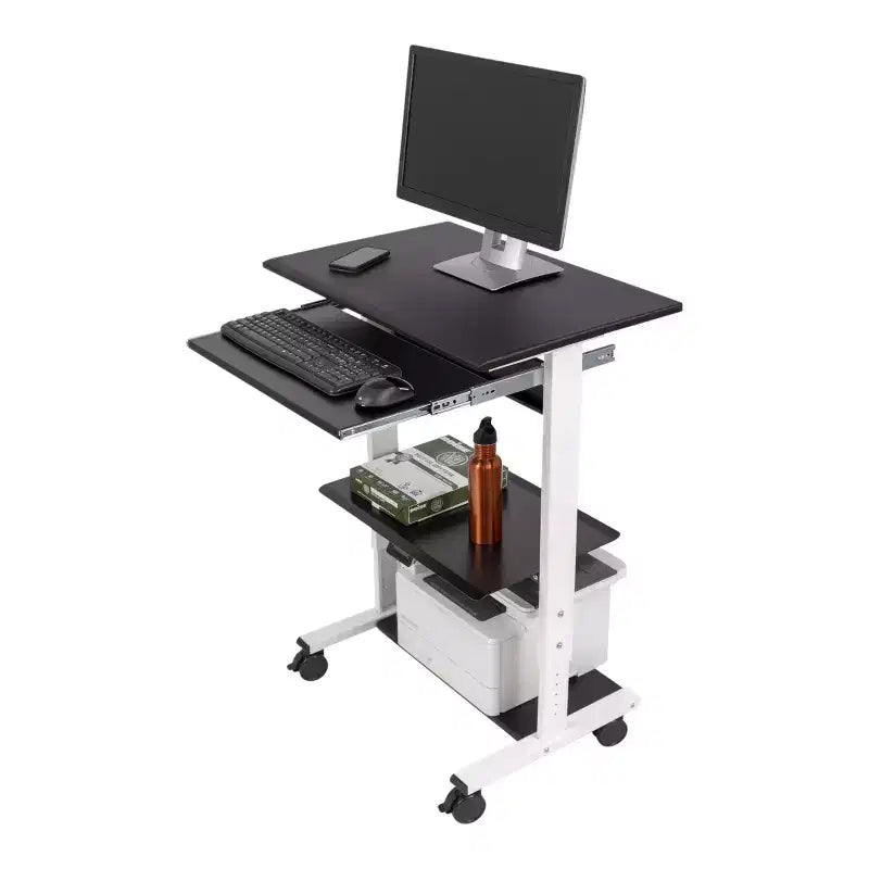 Stand Up Desk Store Mobile Rolling Adjustable Height Standing Workstation with Printer Shelf and Slideout Keyboard Tray