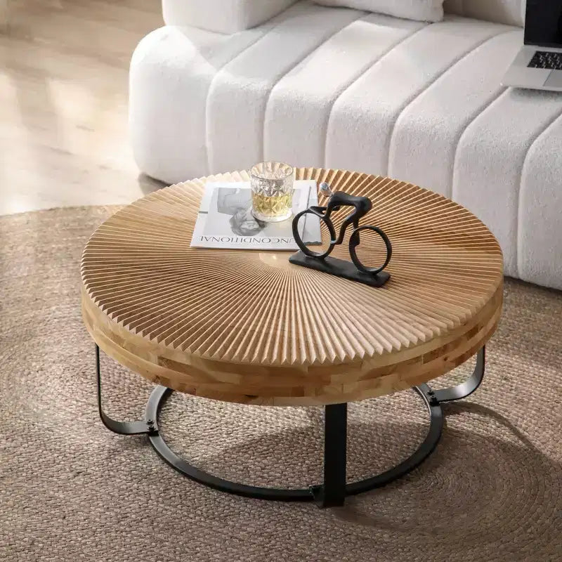 Modern Retro Coffee Table Center Table with Metal Legs, Solid Wood Table Top with Carving Pattern - ModernLuxe
